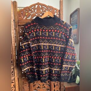 Multicolor Patterned Sweater by Croquet Club, vintage 80s, mock turtleneck